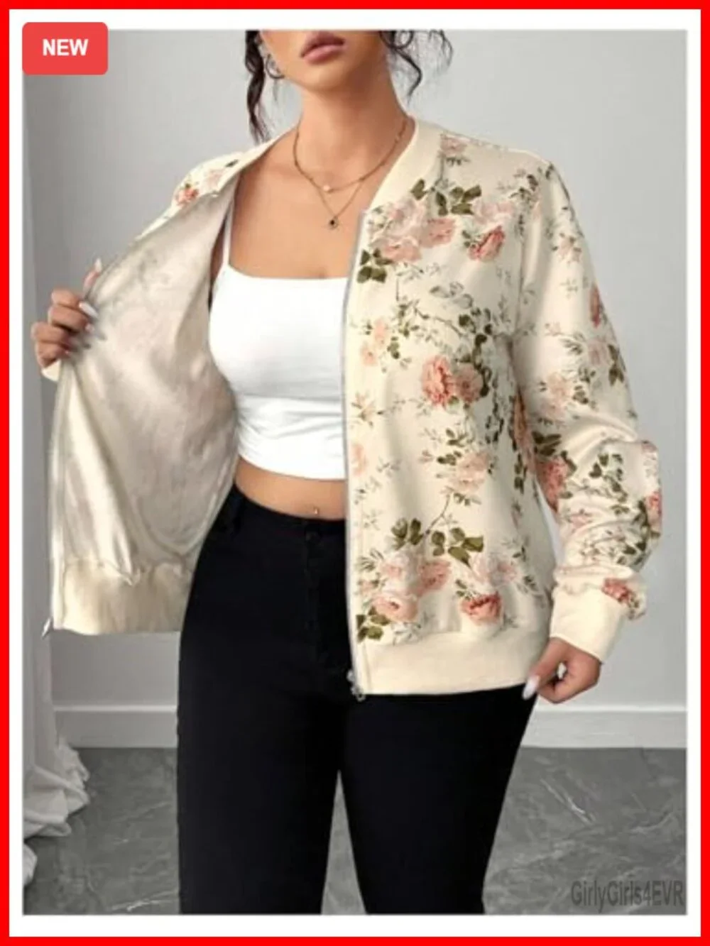 Plus Size Floral Varsity Jacket Zip Up Long Sleeve Bomber Lightweight Office
